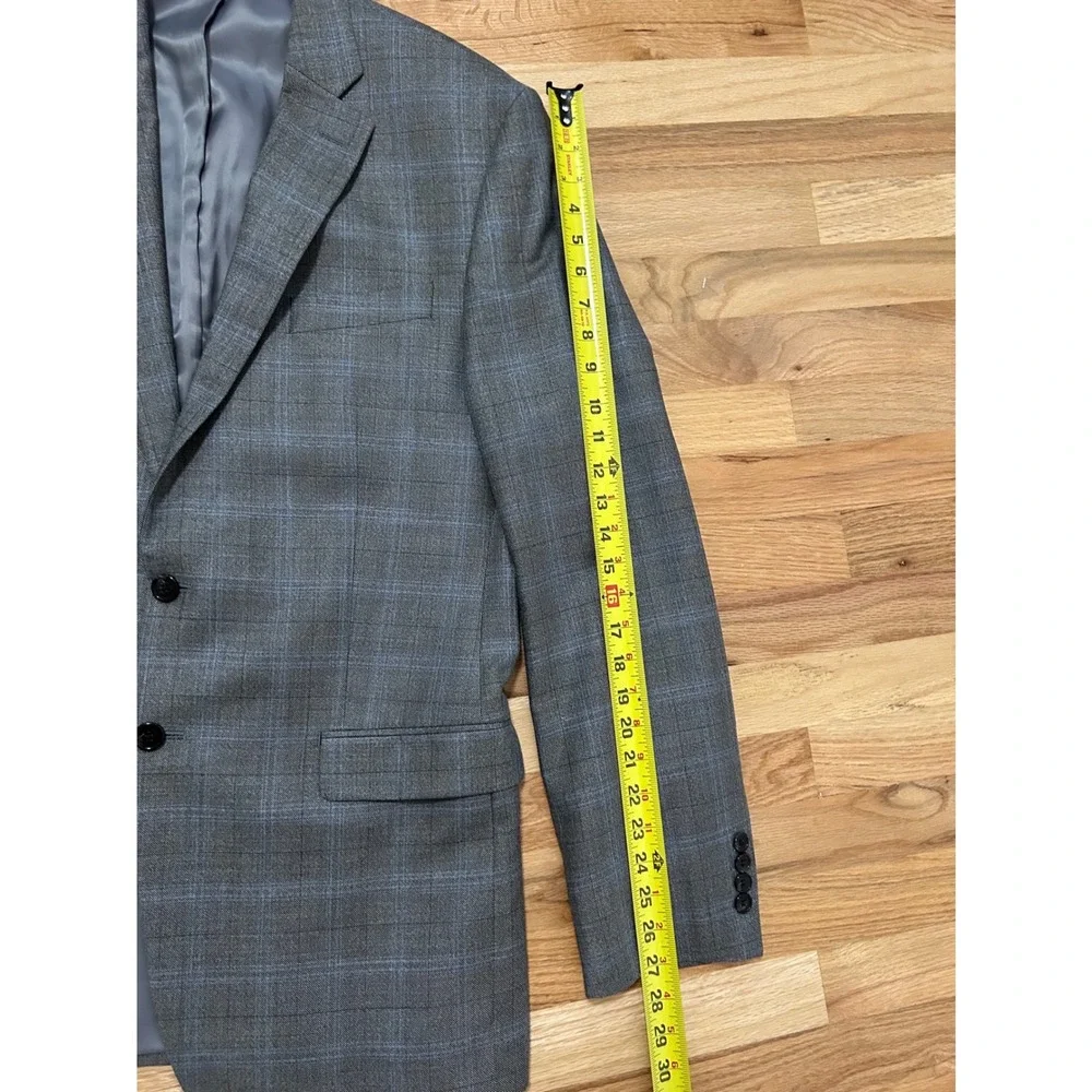 LAUREN Ralph Lauren Mens 42L Gray Blue Plaid Windowpane Wool Silk Blazer‎ Jacket
